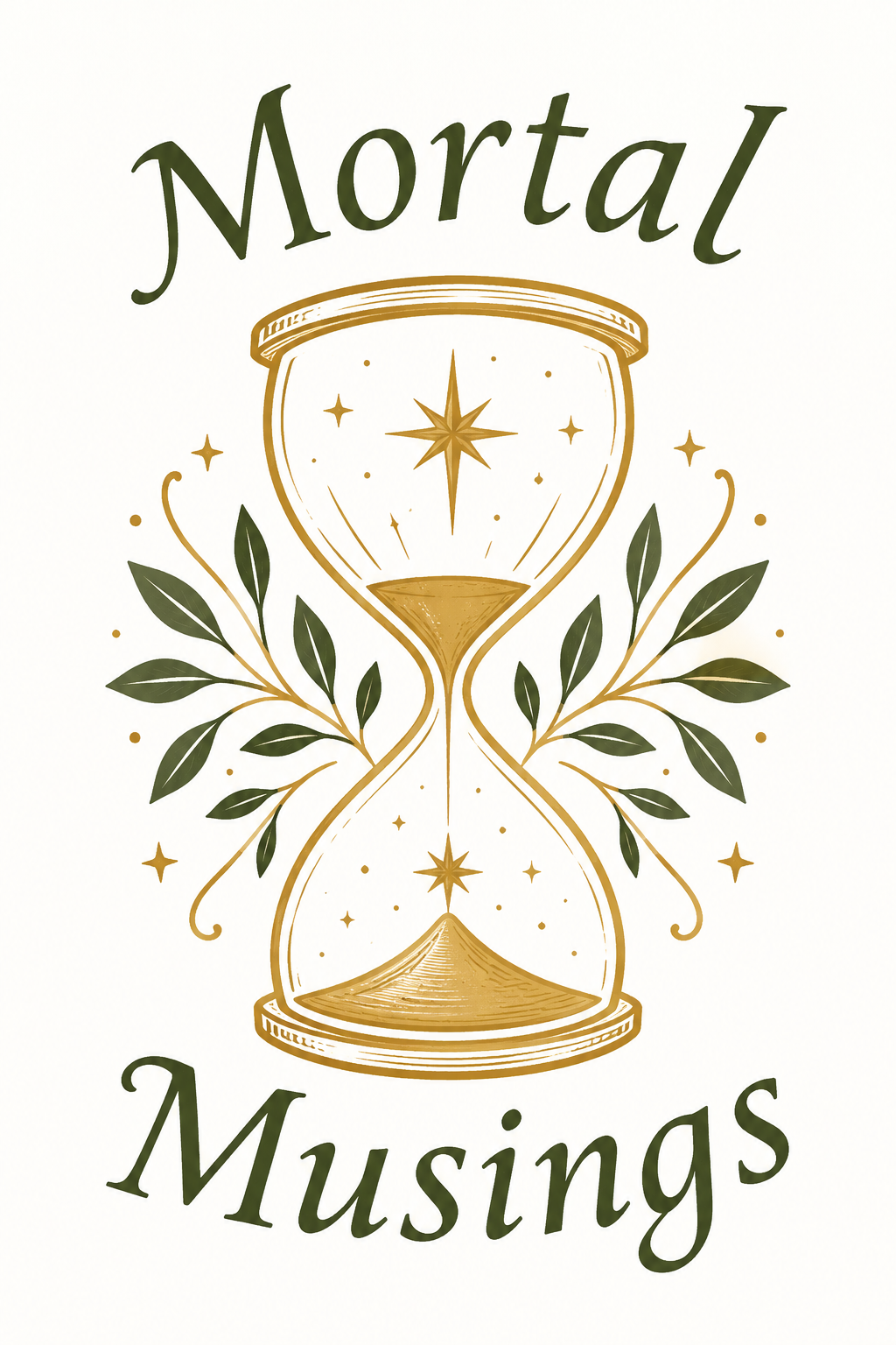 Mortal Musings logo — an hourglass with stars and laurel leaves